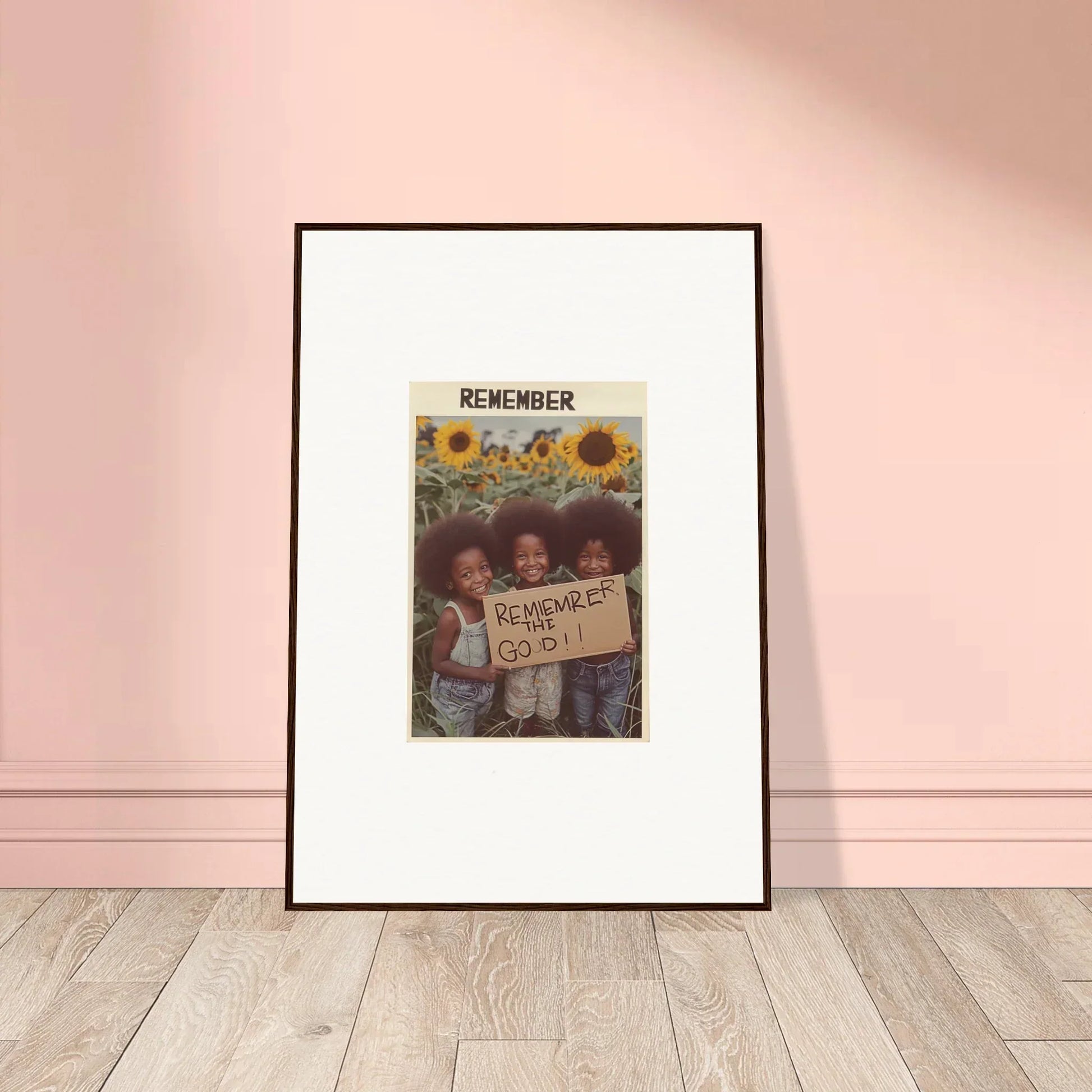 Framed photo of kids with a sign in a sunflower field, perfect for Solar Whimsy room decoration