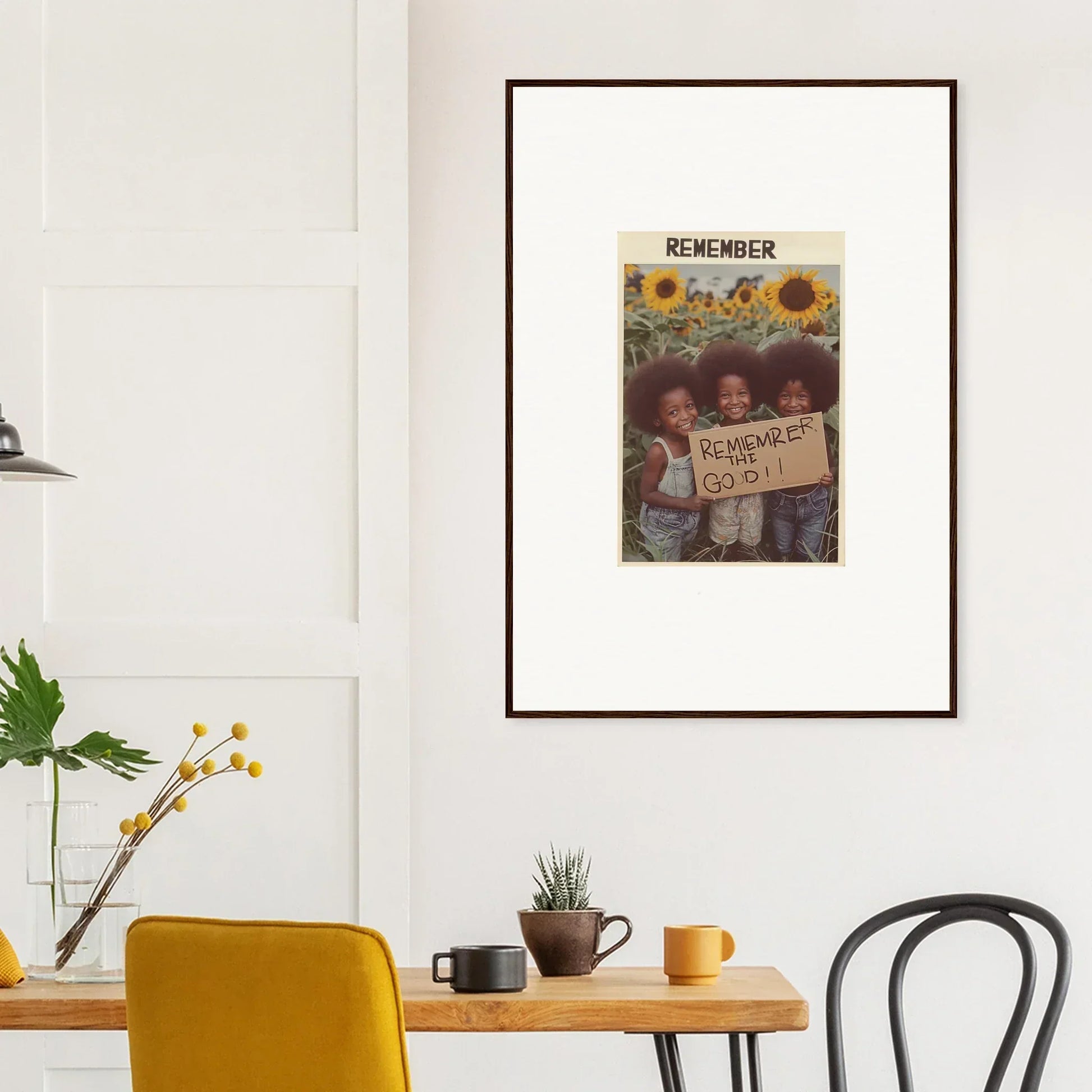 Framed vintage-style photo of kids with a sign in a sunflower field for solar whimsy decor