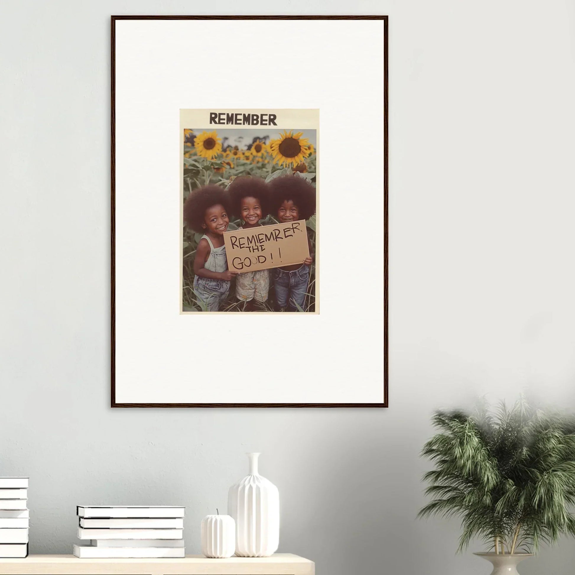 Framed vintage-style photo of kids with a sign, perfect for solar whimsy room decoration