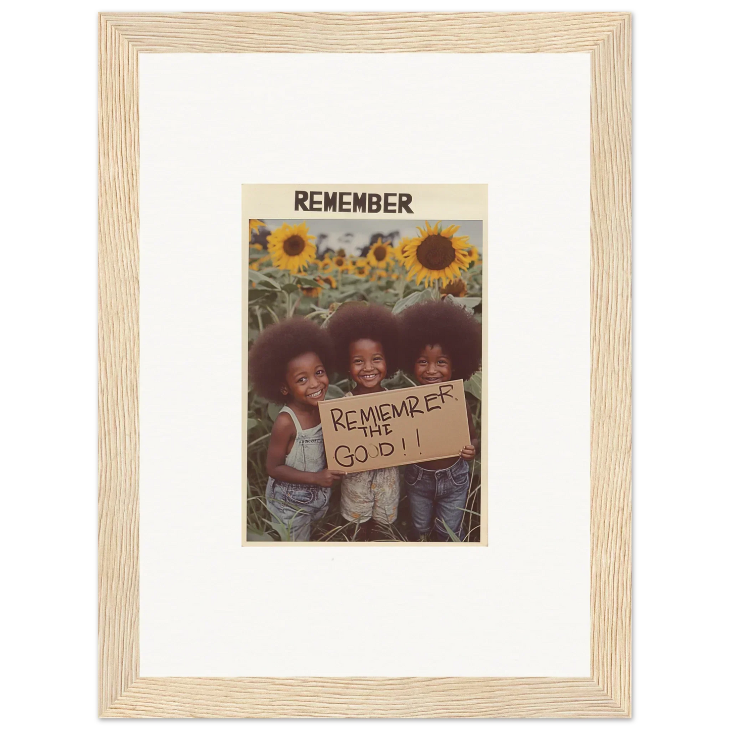 Framed photograph of kids with a sign in a sunflower field, perfect for solar whimsy room decoration