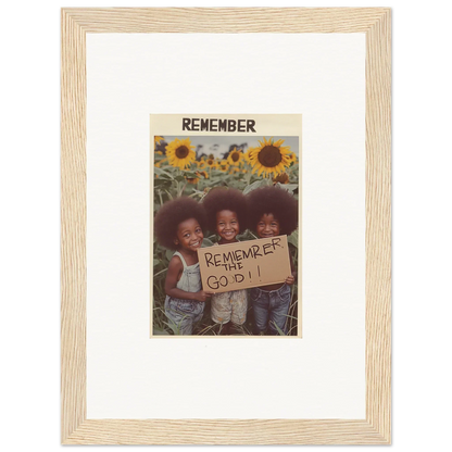 Framed photograph of kids with a sign in a sunflower field, perfect for solar whimsy room decoration