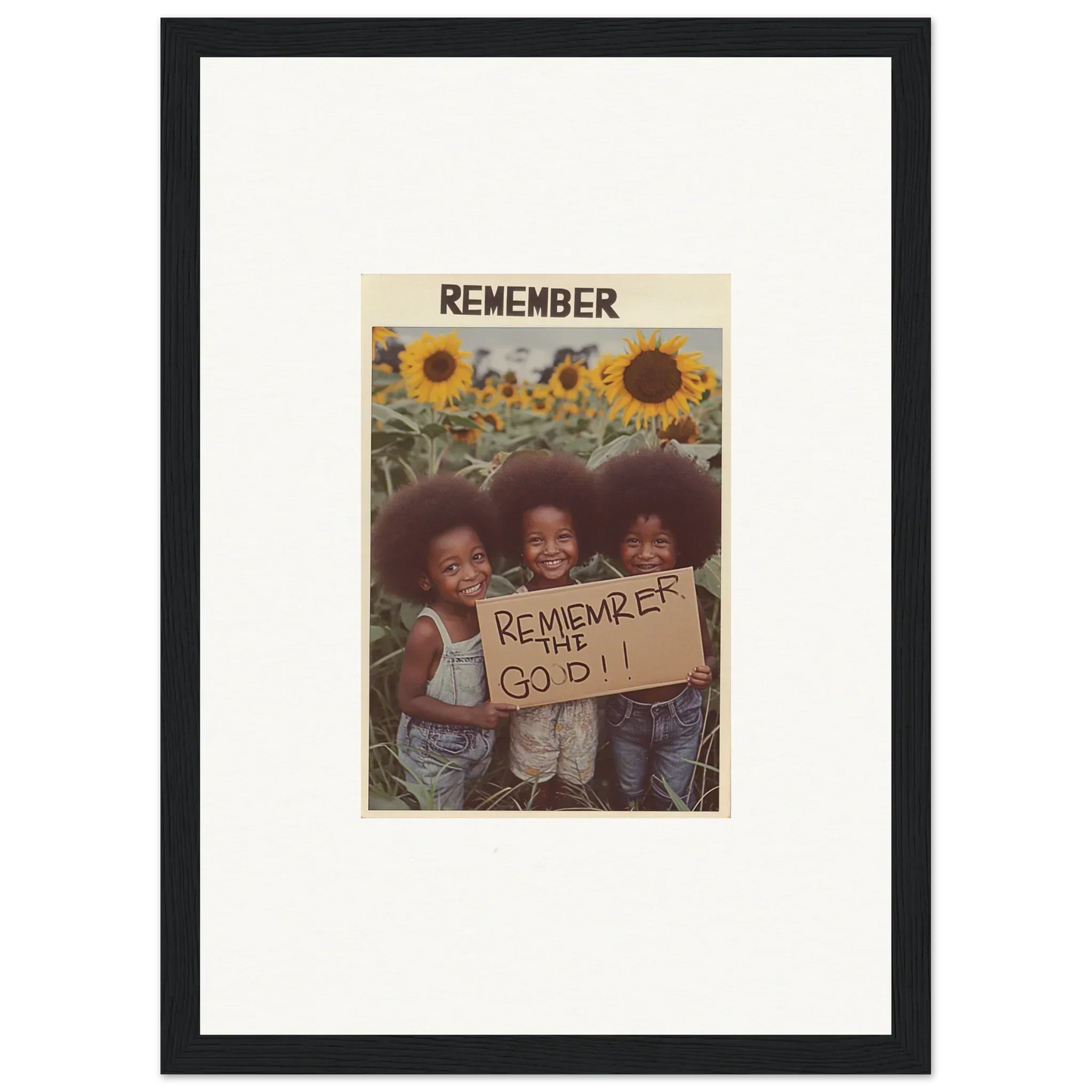 Framed canvas print of smiling kids by sunflowers, perfect for solar whimsy room decoration