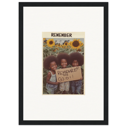 Framed canvas print of smiling kids by sunflowers, perfect for solar whimsy room decoration