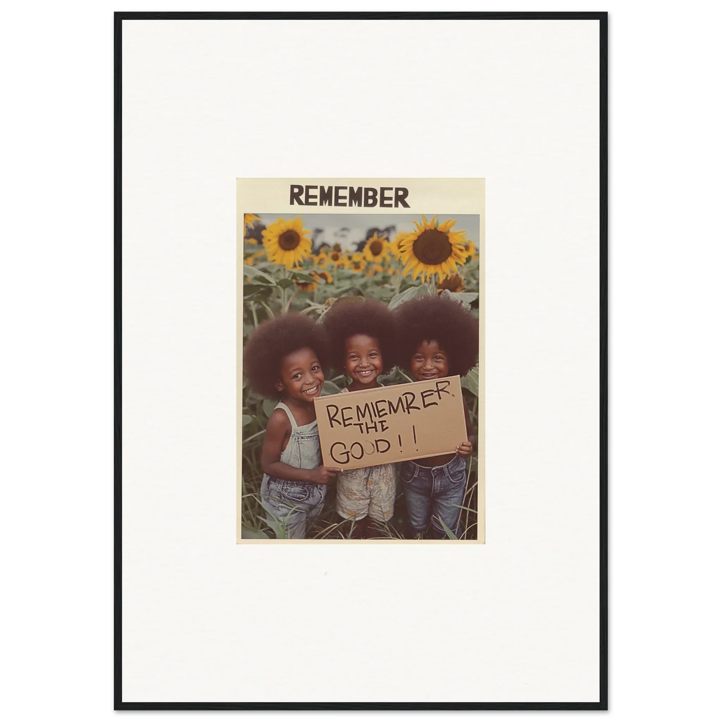 Framed canvas print of kids in a sunflower field for fun solar whimsy room decoration