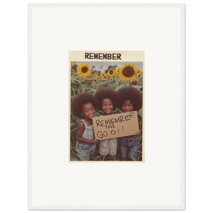 Framed photo of three kids with a sign in a sunflower field, perfect for solar whimsy room decoration