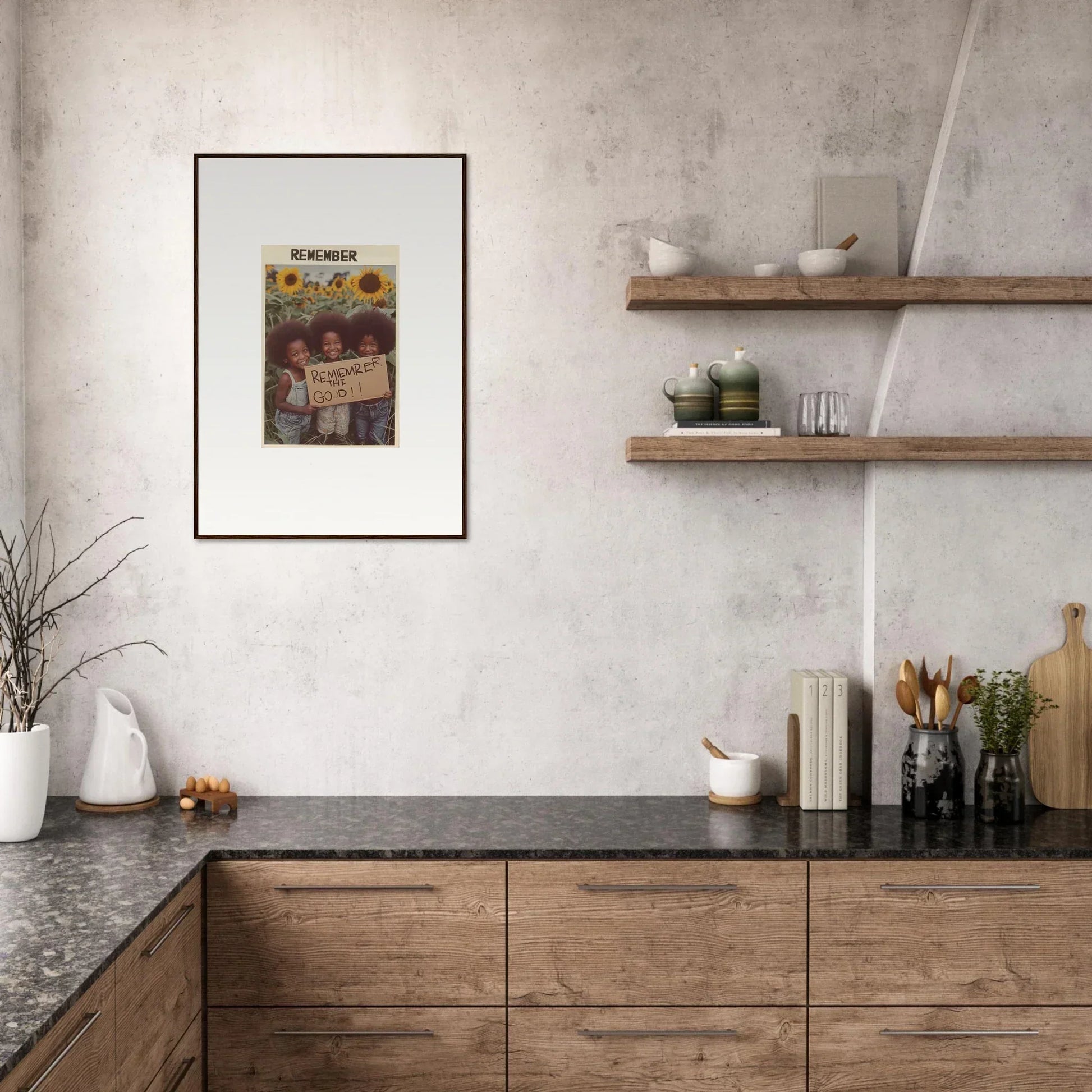 Modern kitchen featuring wooden cabinets, open shelving, and a Solar Whimsy canvas print