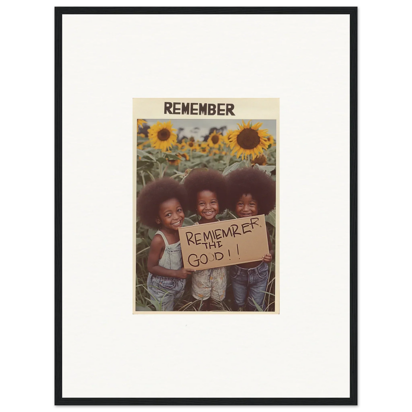 Three kids with a sign in a sunflower field, perfect for your solar whimsy room decoration