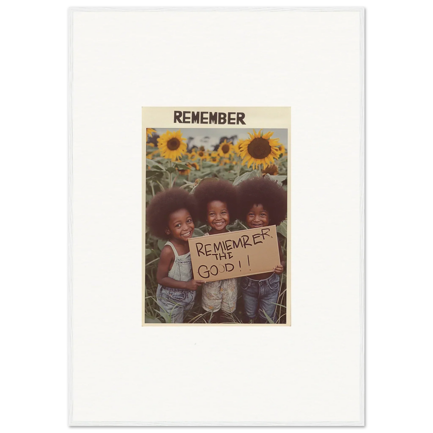 Three smiling kids in a sunflower field with a sign for solar whimsy room decoration