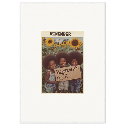 Three smiling kids in a sunflower field with a sign for solar whimsy room decoration