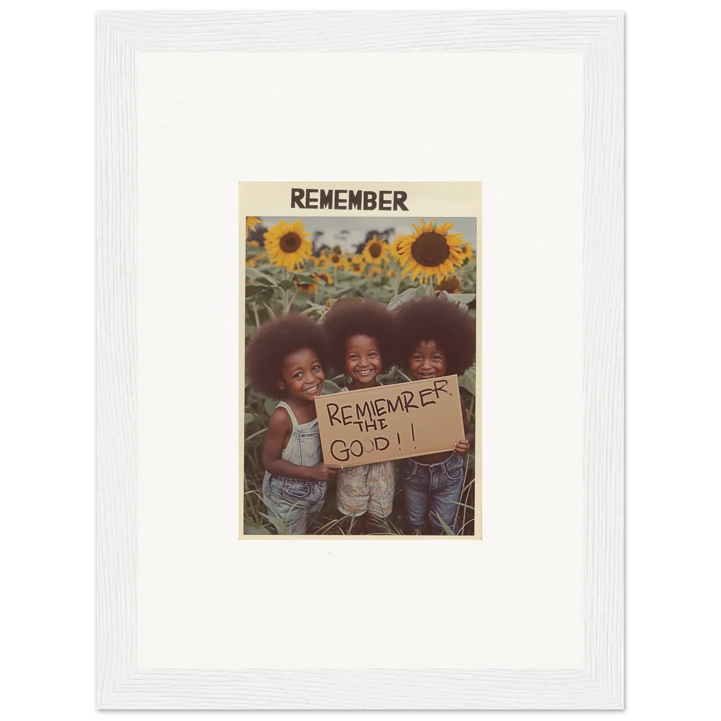 Kids in front of sunflowers with a sign, perfect for solar whimsy room decoration