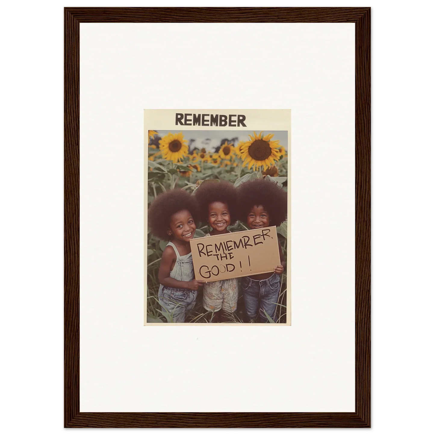 Framed photo of kids in a sunflower field for cheerful solar whimsy room decoration