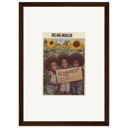 Framed photo of kids in a sunflower field for cheerful solar whimsy room decoration