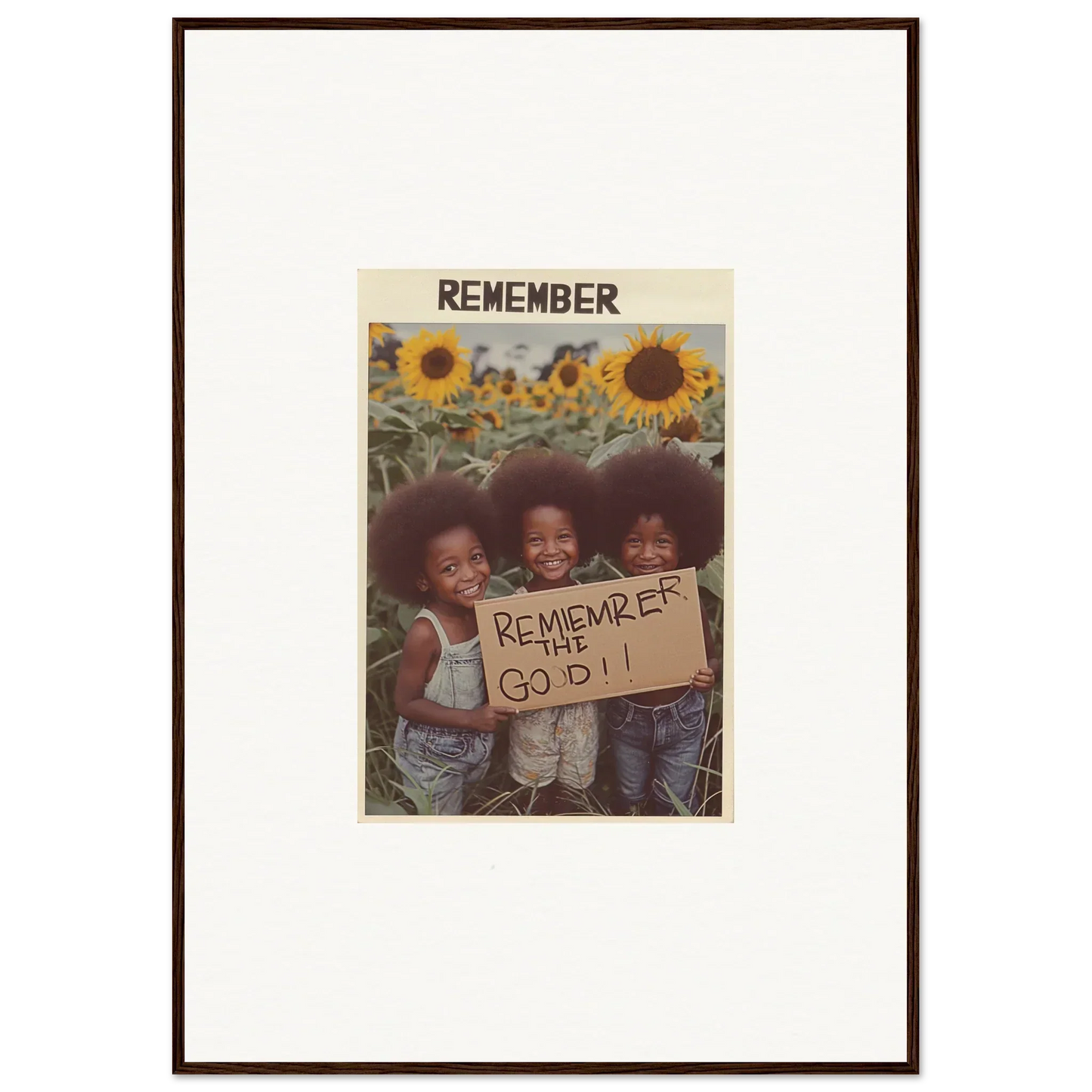 Framed photo of happy kids with a sign in a vibrant sunflower field for solar whimsy room decoration