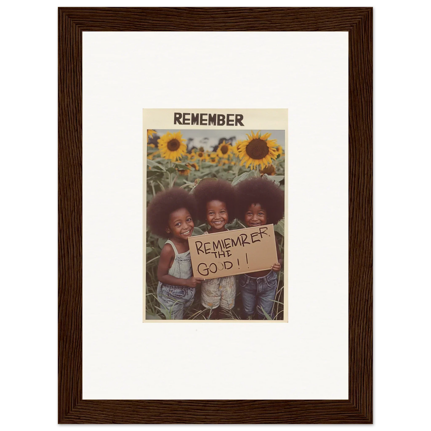 Smiling kids with a sign in a sunflower field, perfect for solar whimsy room decoration