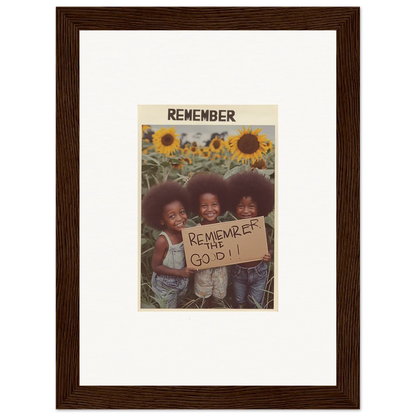 Smiling kids with a sign in a sunflower field, perfect for solar whimsy room decoration