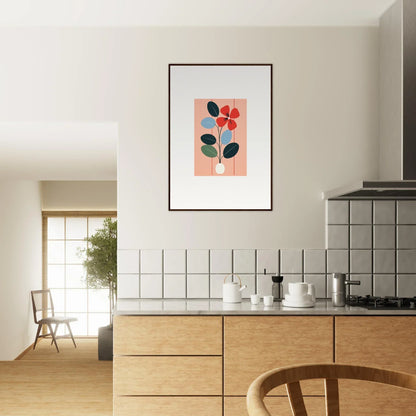 Framed wall art of Painterly Flora Imbibed with colorful geometric shapes on pink background