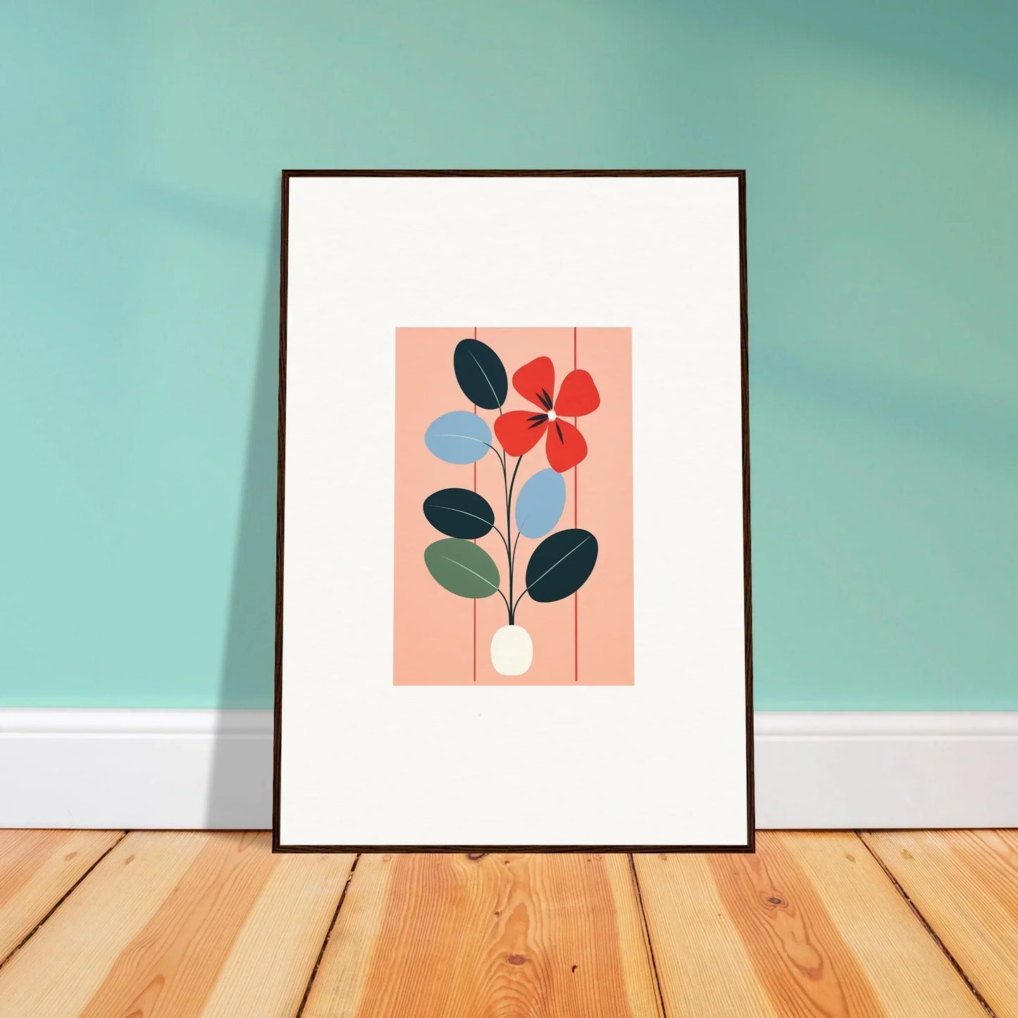 Framed wall art featuring colorful leaves and a red flower in Flora Imbibed design