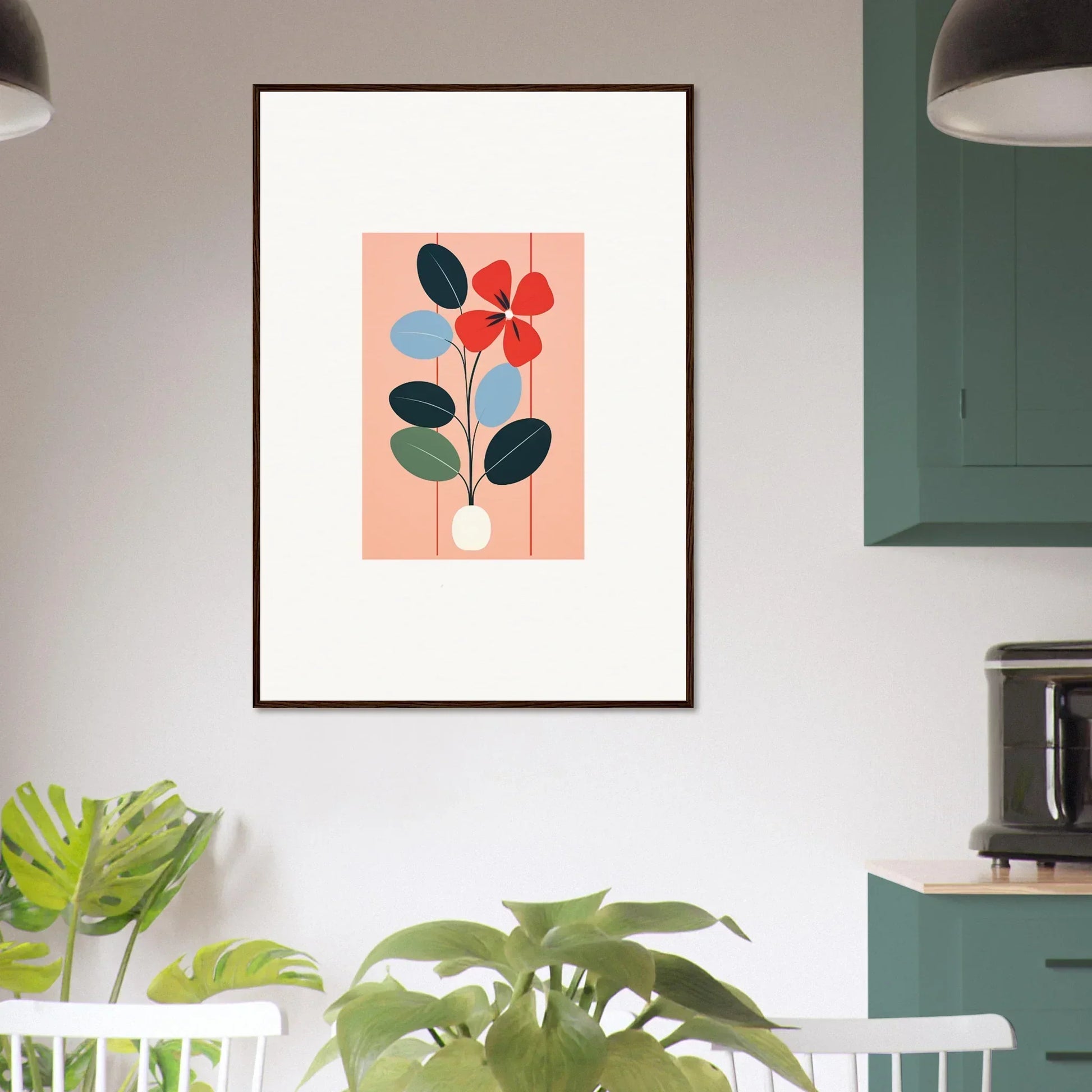 Framed wall art featuring colorful geometric shapes and floral design for room decor