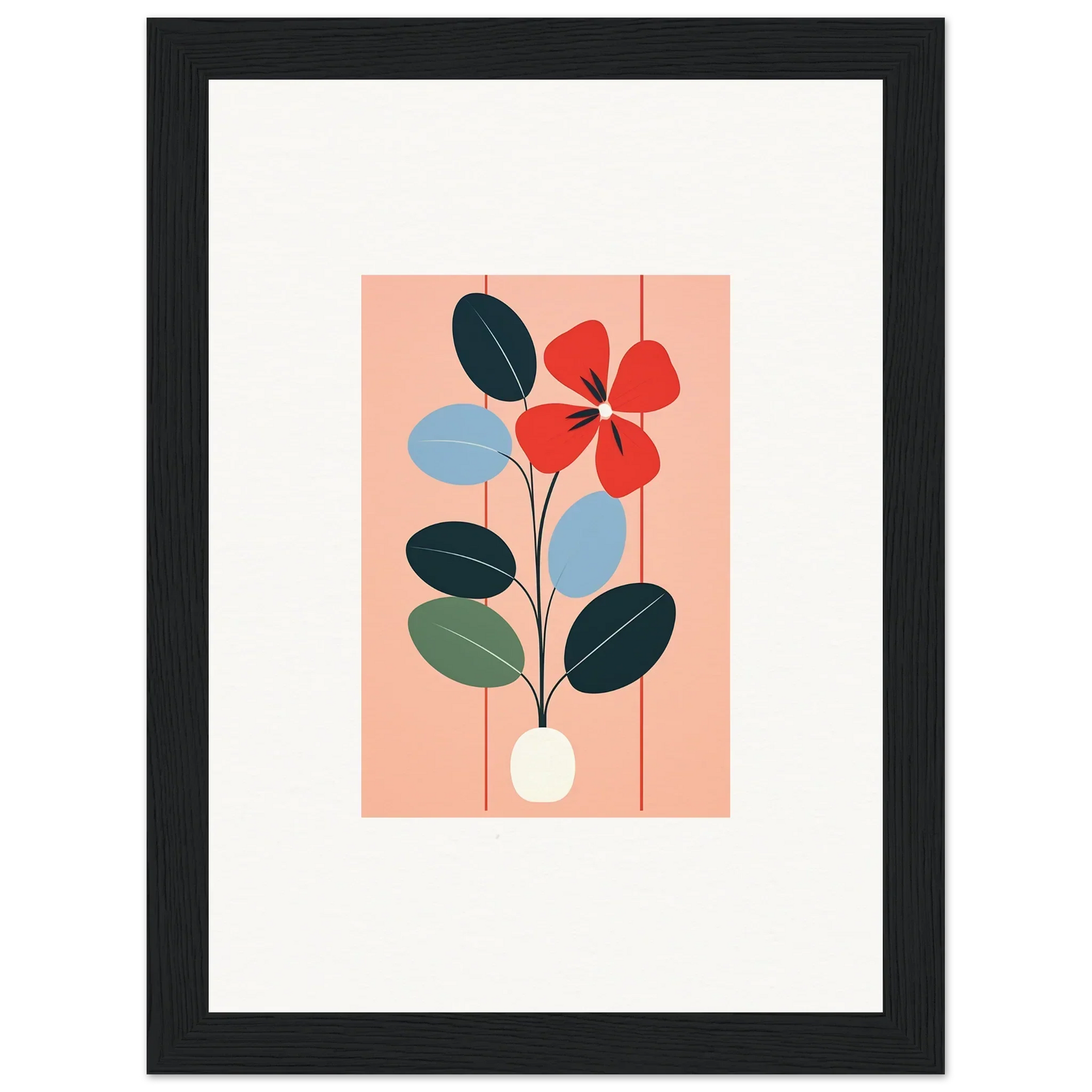 Stylized floral illustration with red bloom, colorful leaves for room decor and framed wall art