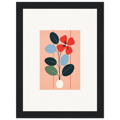 Stylized floral illustration with red bloom, colorful leaves for room decor and framed wall art