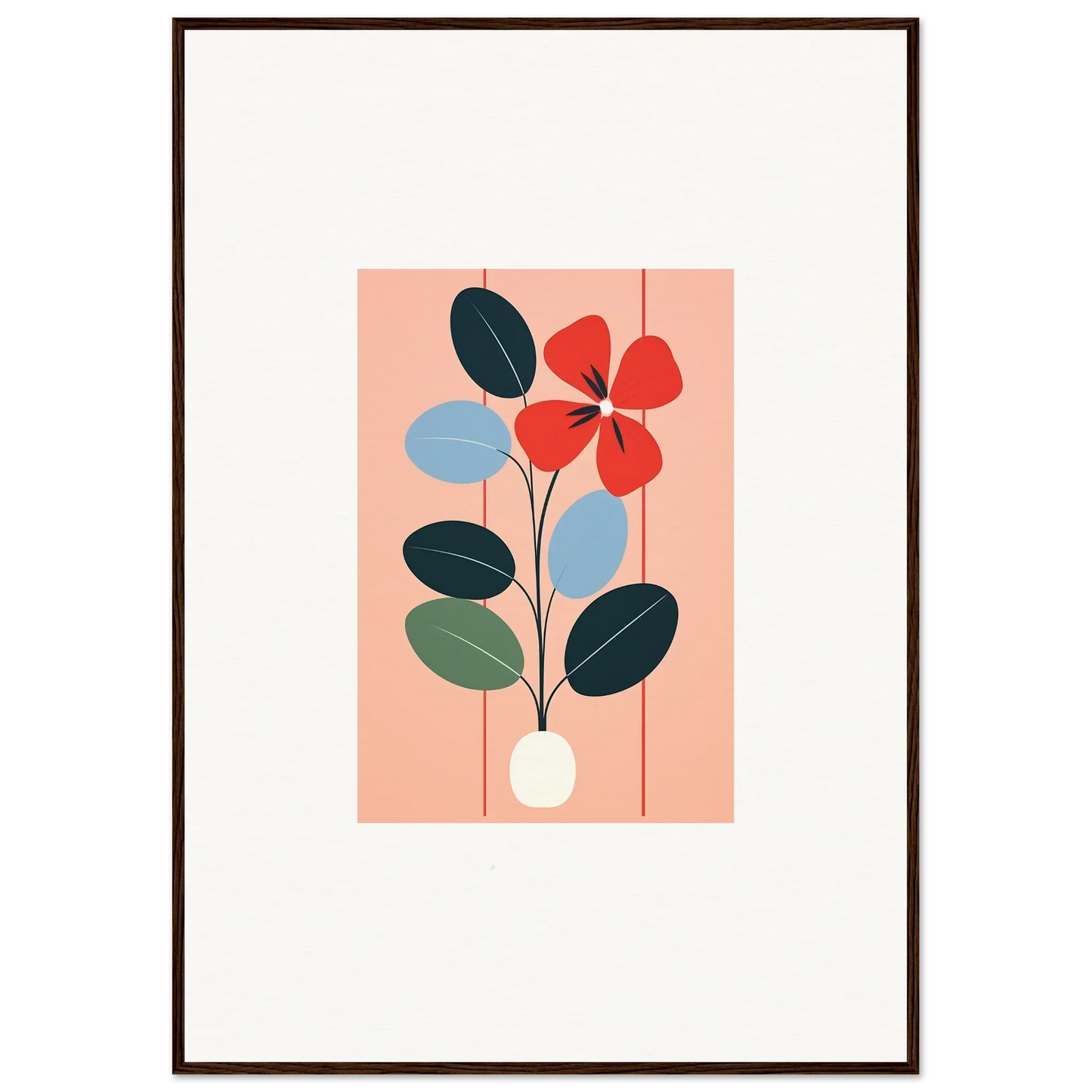 Minimalist floral illustration with red flower and leaves for room decor, flora imbibed