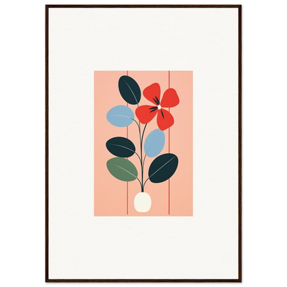 Minimalist floral illustration with red flower and leaves for room decor, flora imbibed