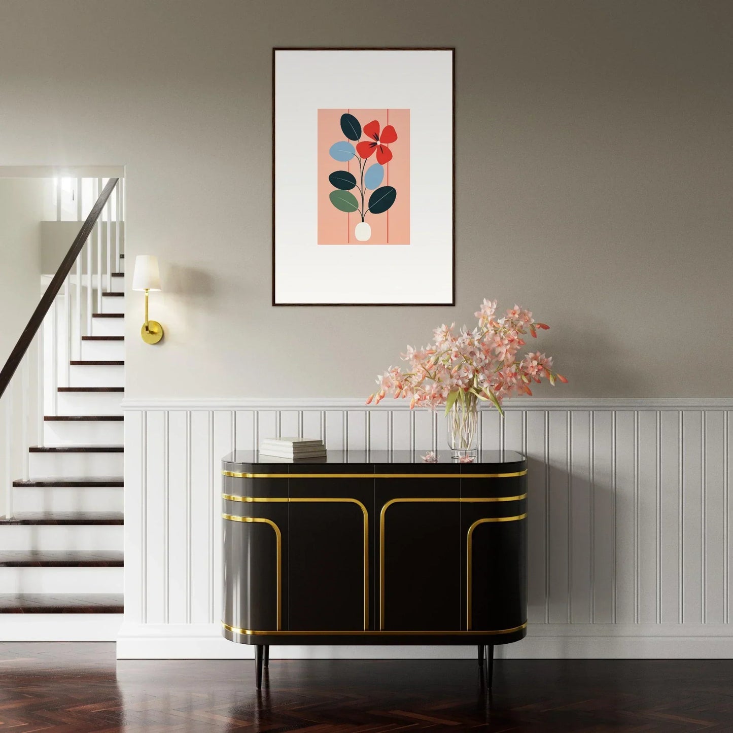 Sleek black cabinet with gold trim enhances room decor alongside Painterly Flora Imbibed