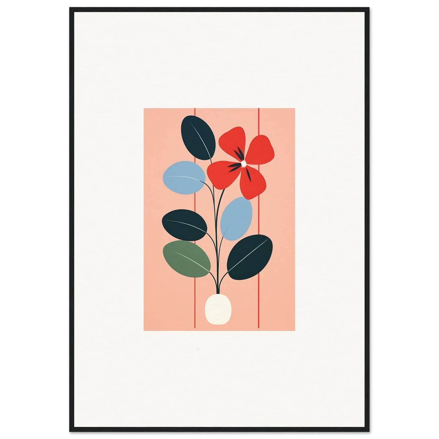 Minimalist floral illustration of a red flower and blue leaves for room decor