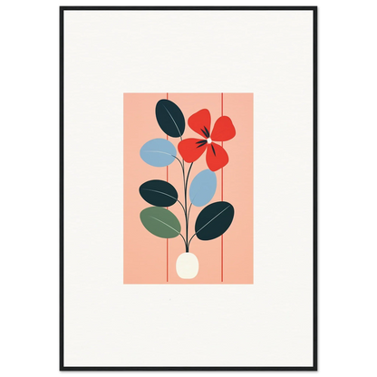 Minimalist floral illustration of a red flower and blue leaves for room decor