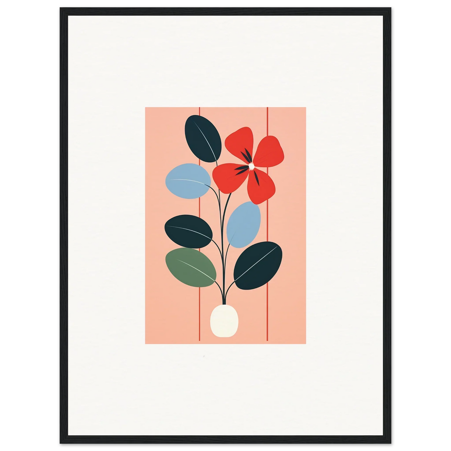 Stylized floral illustration of red bloom and leaves in vase for room decor framed wall art