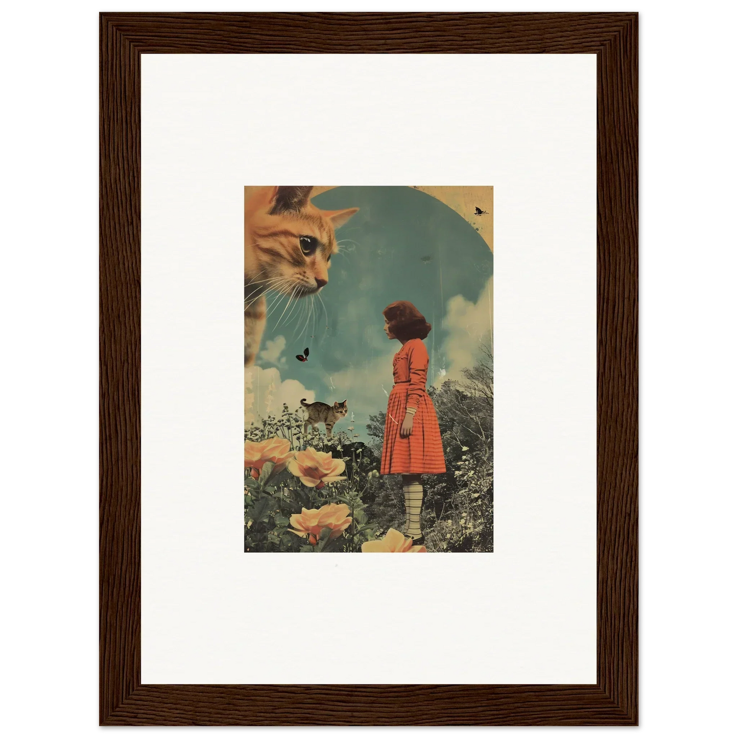 Framed surrealist wall art featuring a woman in a red coat and oversized cat’s face for room decor