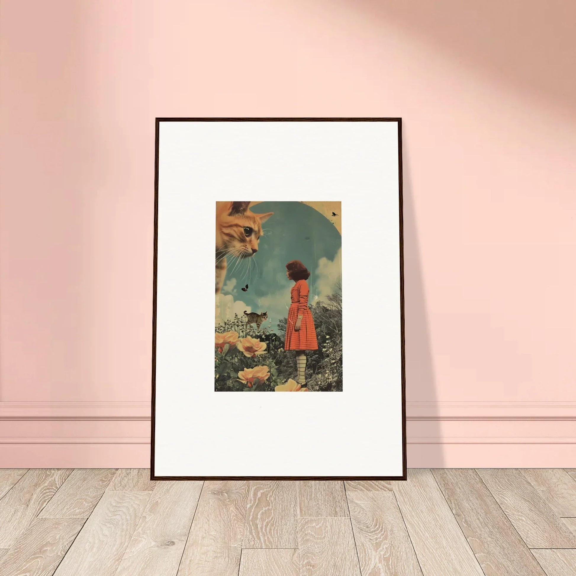 Framed wall art of a person in a red dress in a surreal landscape, Kern moment room decor