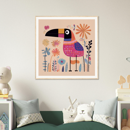 Whimsical illustration of pink and blue bird with floral elements for Paradise Feathers Quake