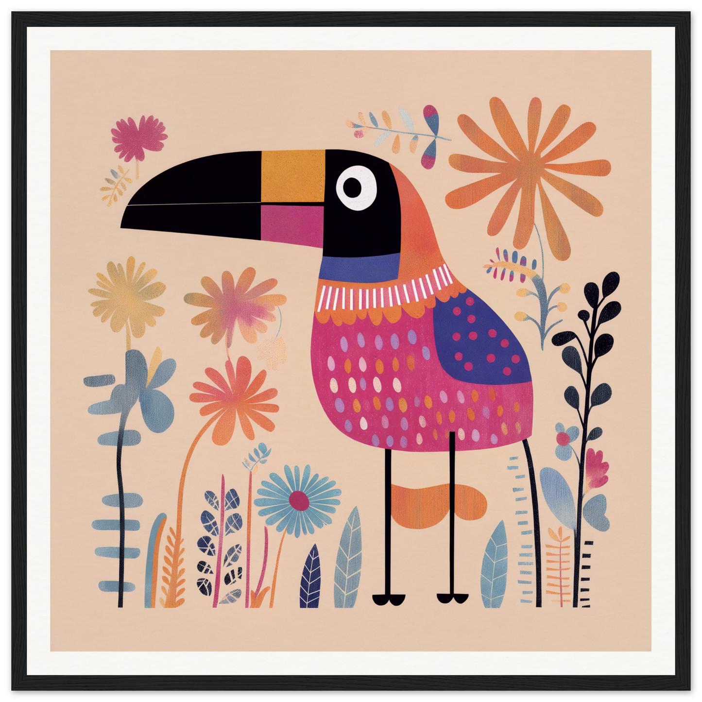 Colorful toucan in patterned sweater standing on thin legs, showcasing Paradise Feathers Quake