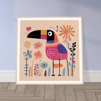 Colorful cartoon toucan with decorative flowers for Paradise Feathers Quake product