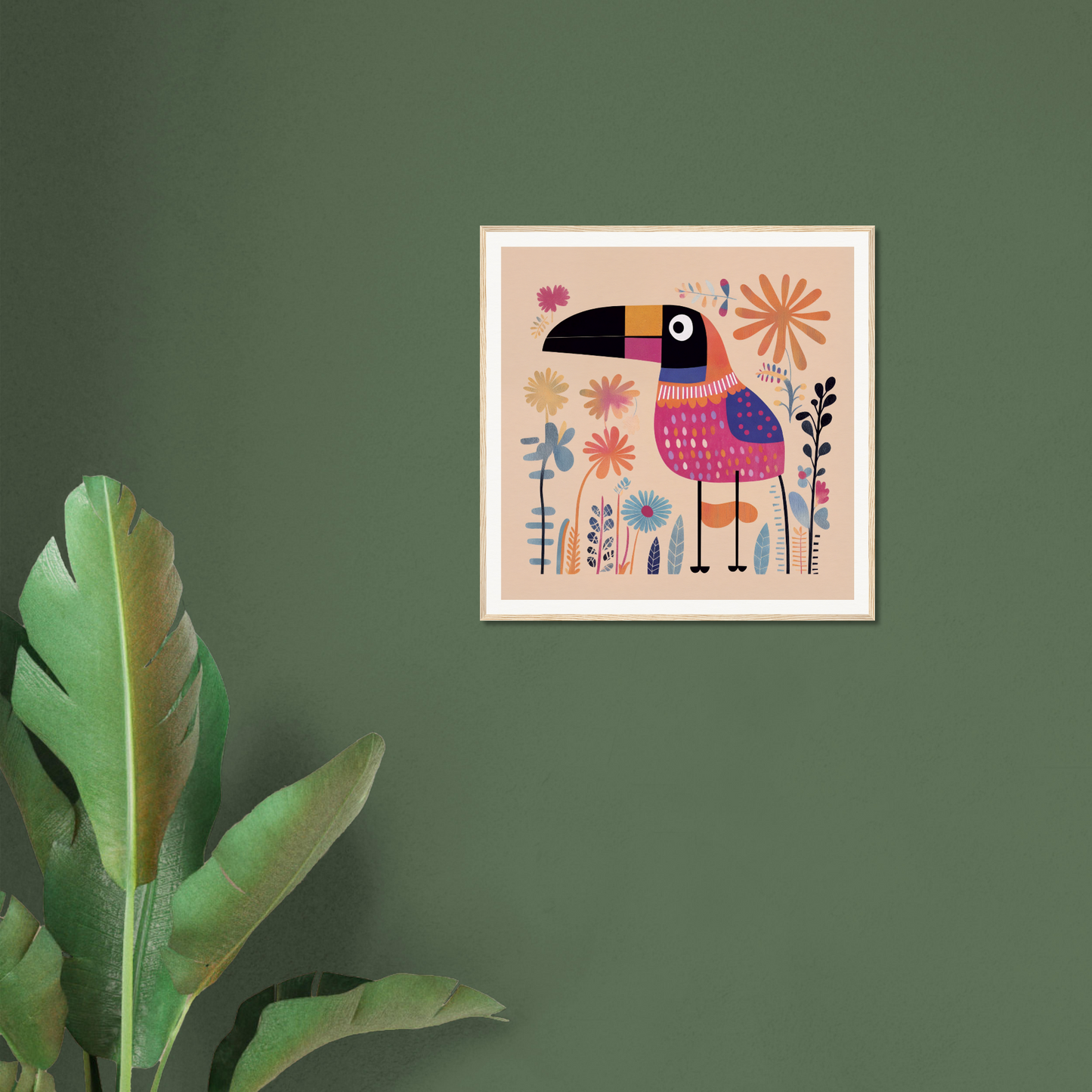 Framed artwork of a whimsical pink bird with flowers in Paradise Feathers Quake design