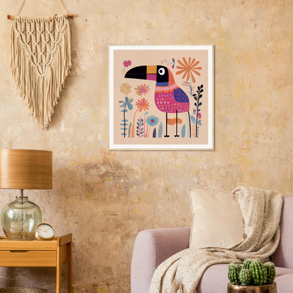 Framed folk art of a pink toucan amidst vibrant flowers in Paradise Feathers Quake