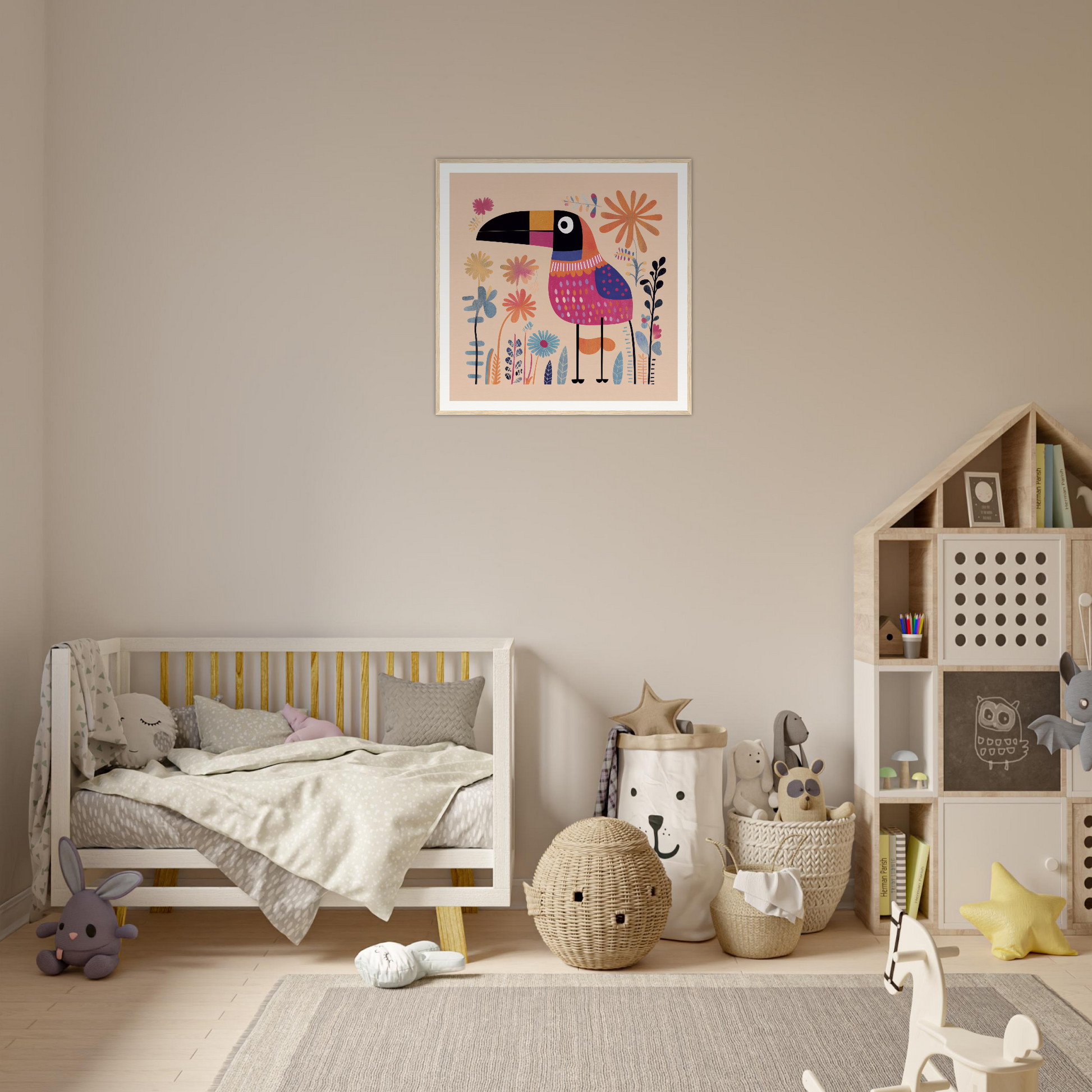 Wooden crib with gray bedding and yellow accents from Paradise Feathers Quake collection