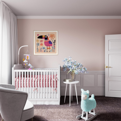 White wooden crib with pink bedding from Paradise Feathers Quake collection