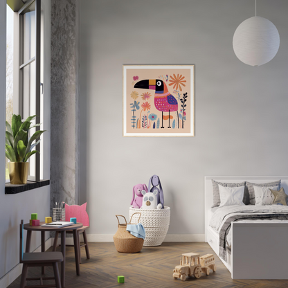 Colorful Paradise Feathers Quake artwork with flowers in a white frame on a gray wall