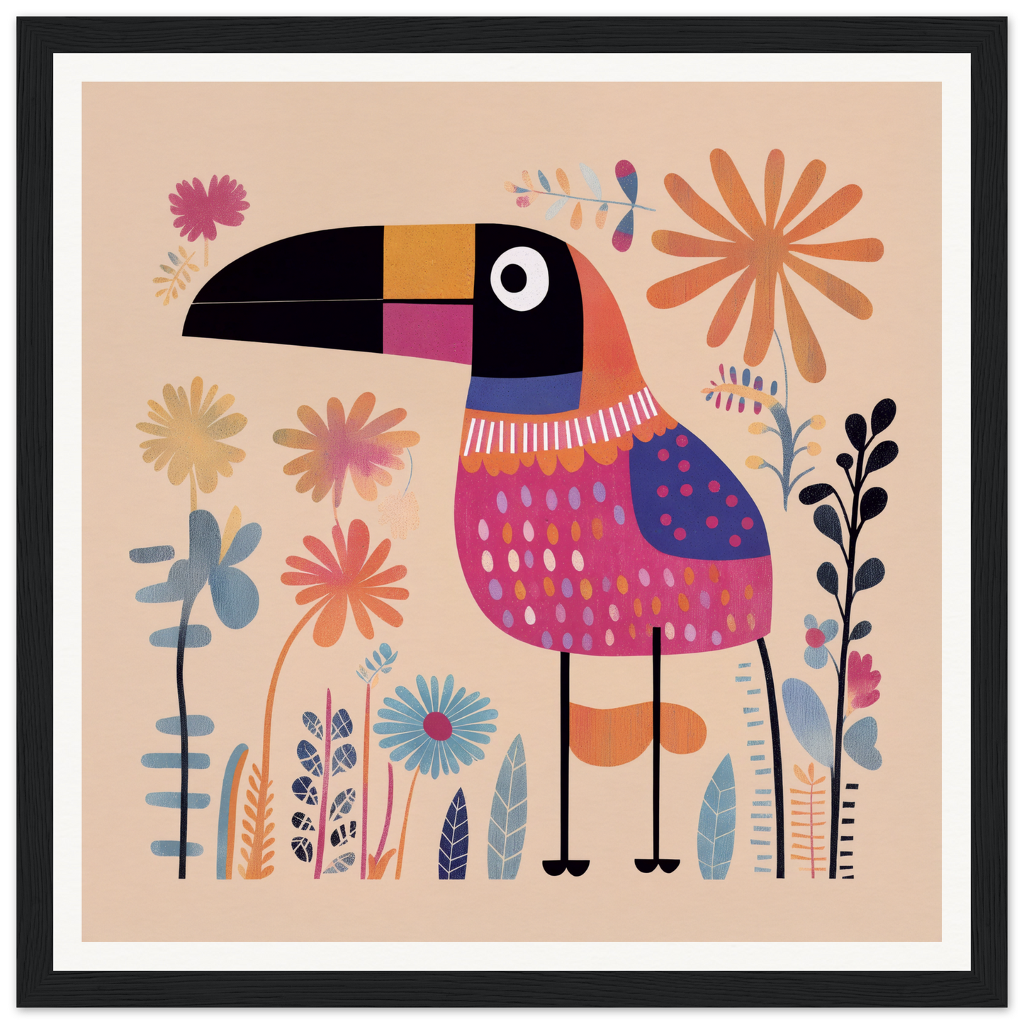 Colorful cartoon toucan with striped collar amidst flowers for Paradise Feathers Quake