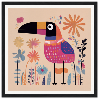 Colorful cartoon toucan with striped collar amidst flowers for Paradise Feathers Quake