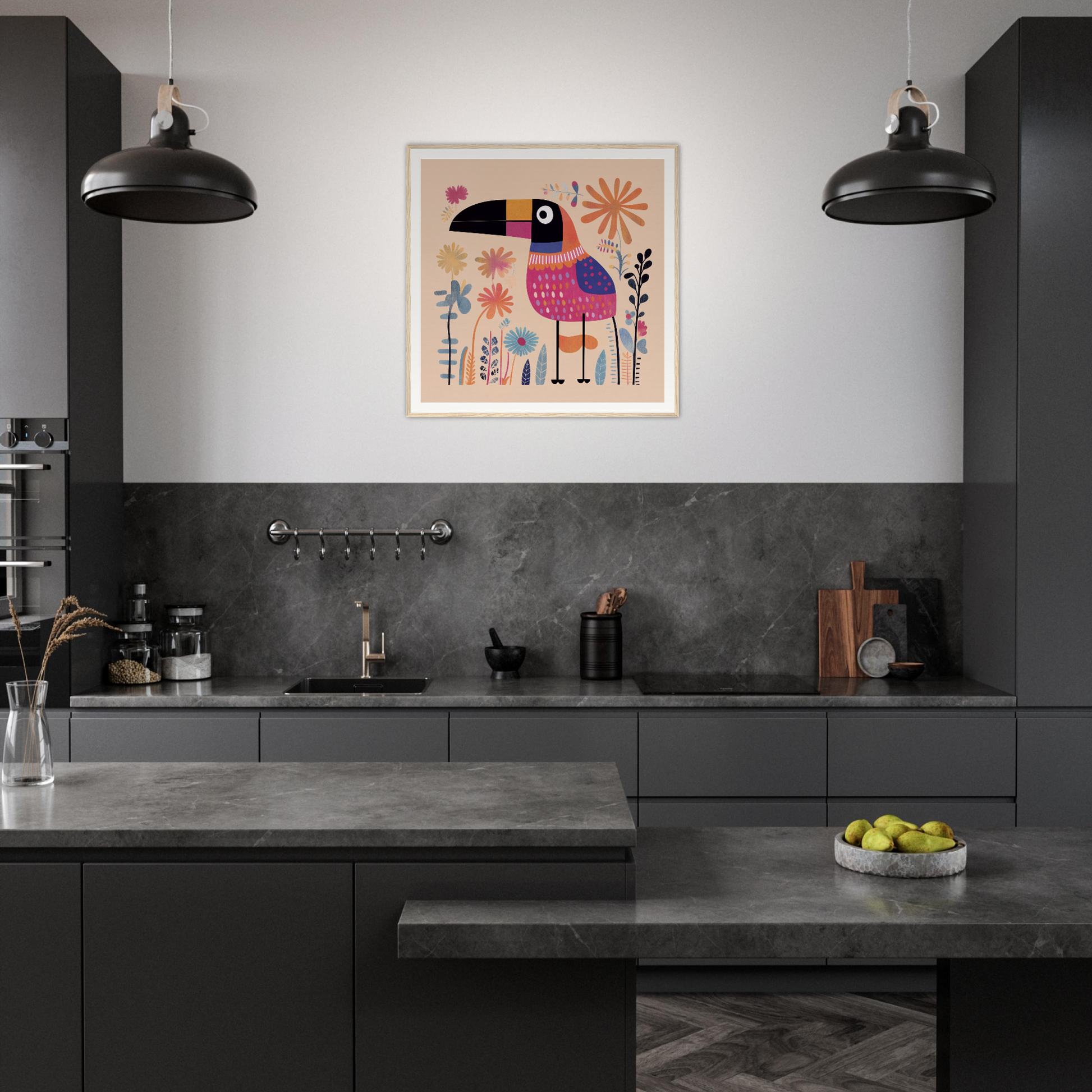 Modern dark gray kitchen featuring Paradise Feathers Quake artwork and black pendant lights