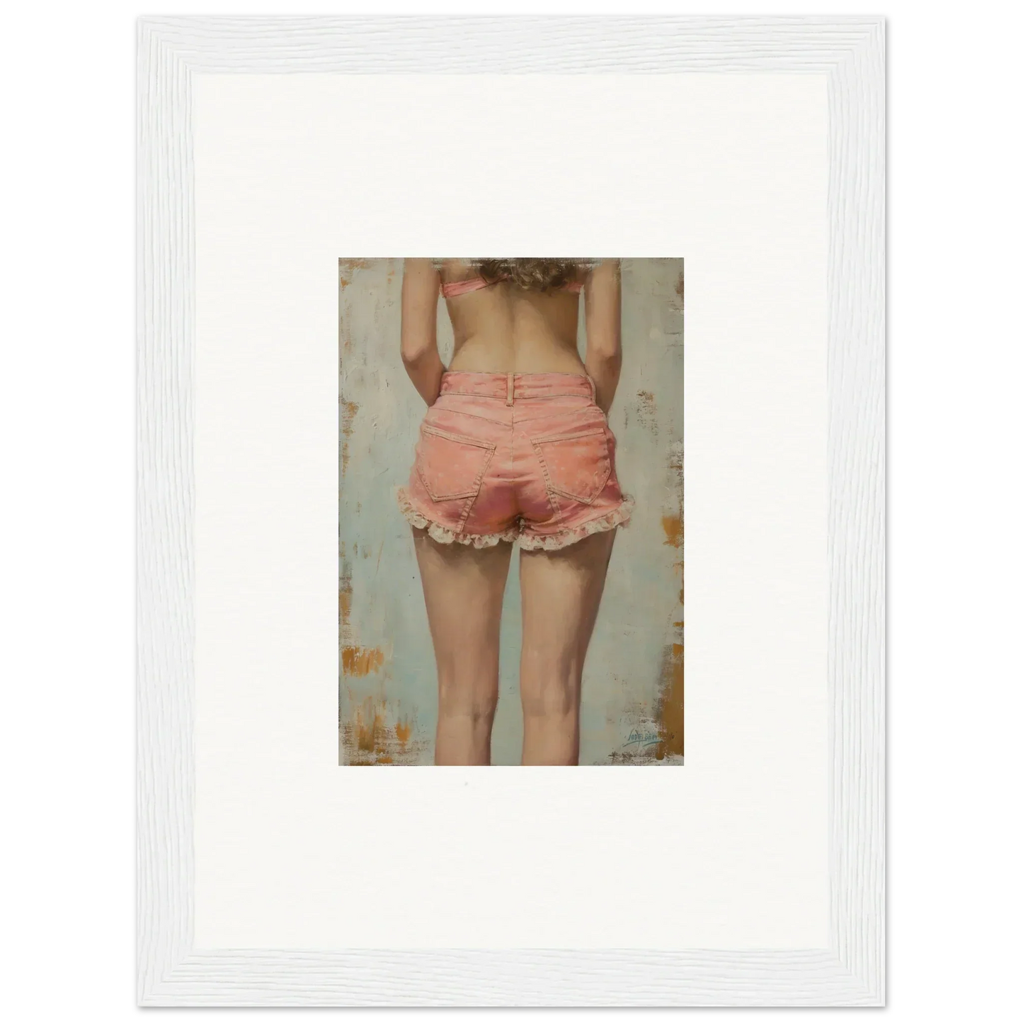 Framed canvas print of Blossom Elation showcasing lower back and legs in pink shorts