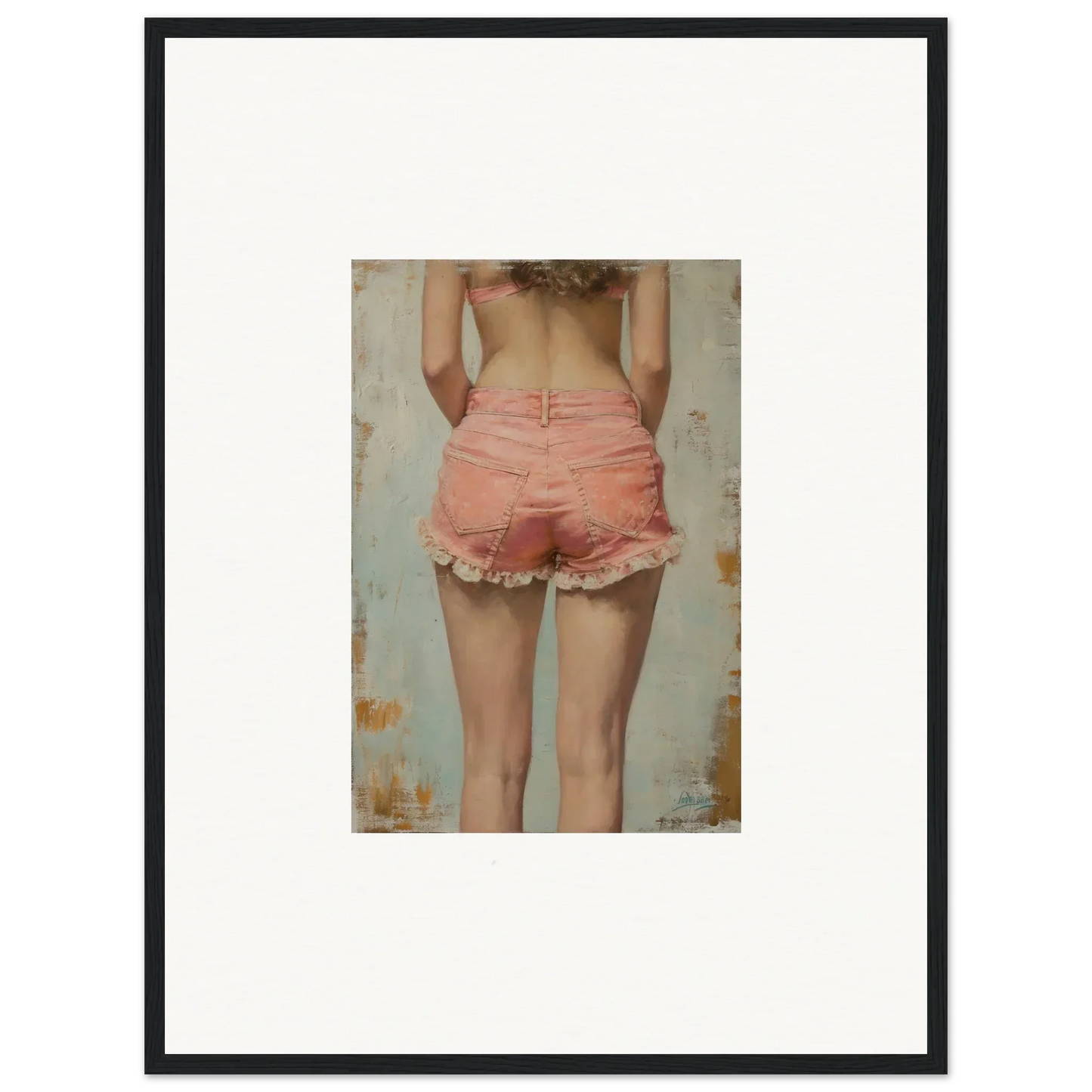 Framed canvas print of Blossom Elation artwork, showcasing legs in pink lace shorts