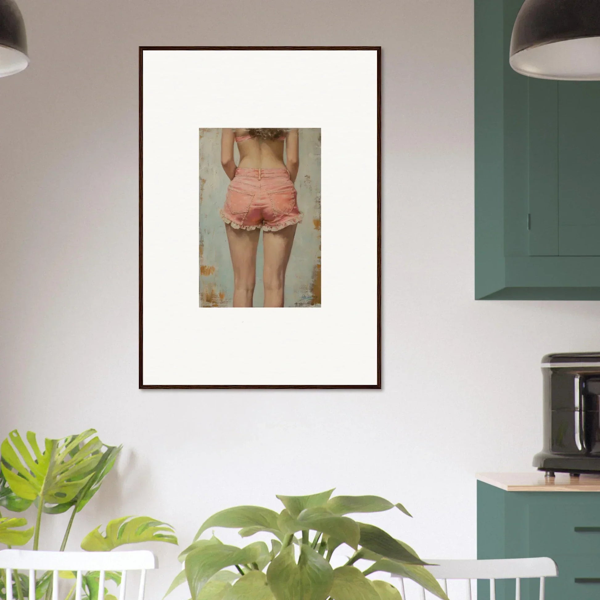 Framed canvas print of a person’s lower back in pink shorts for stylish room decoration