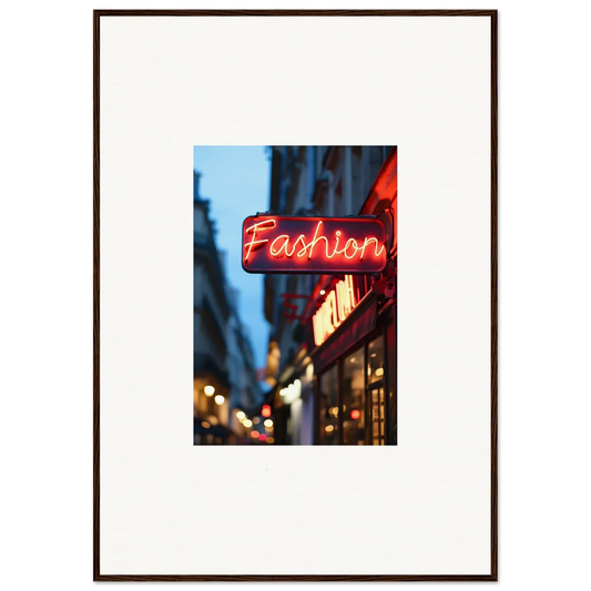 Framed wall art of neon Fashion sign in city street, perfect for room decor