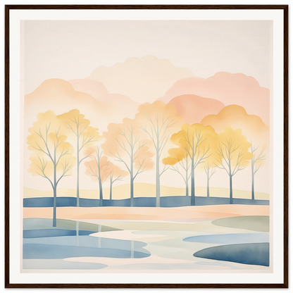 Watercolor landscape of bare trees by a river at sunset in Pastel Daydreams Reflections