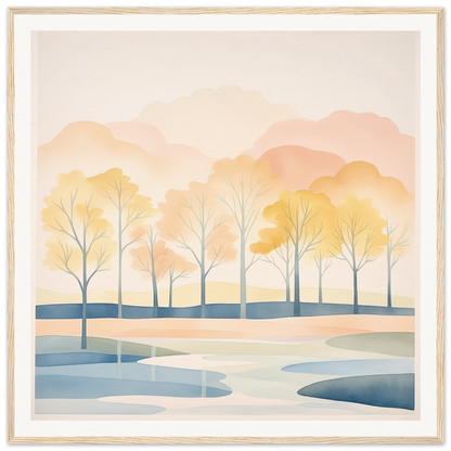 Watercolor landscape of bare trees by winding river at sunset in Pastel Daydreams Reflections