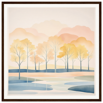 Watercolor landscape of bare trees by water under a peachy-orange sky in Pastel Daydreams Reflections